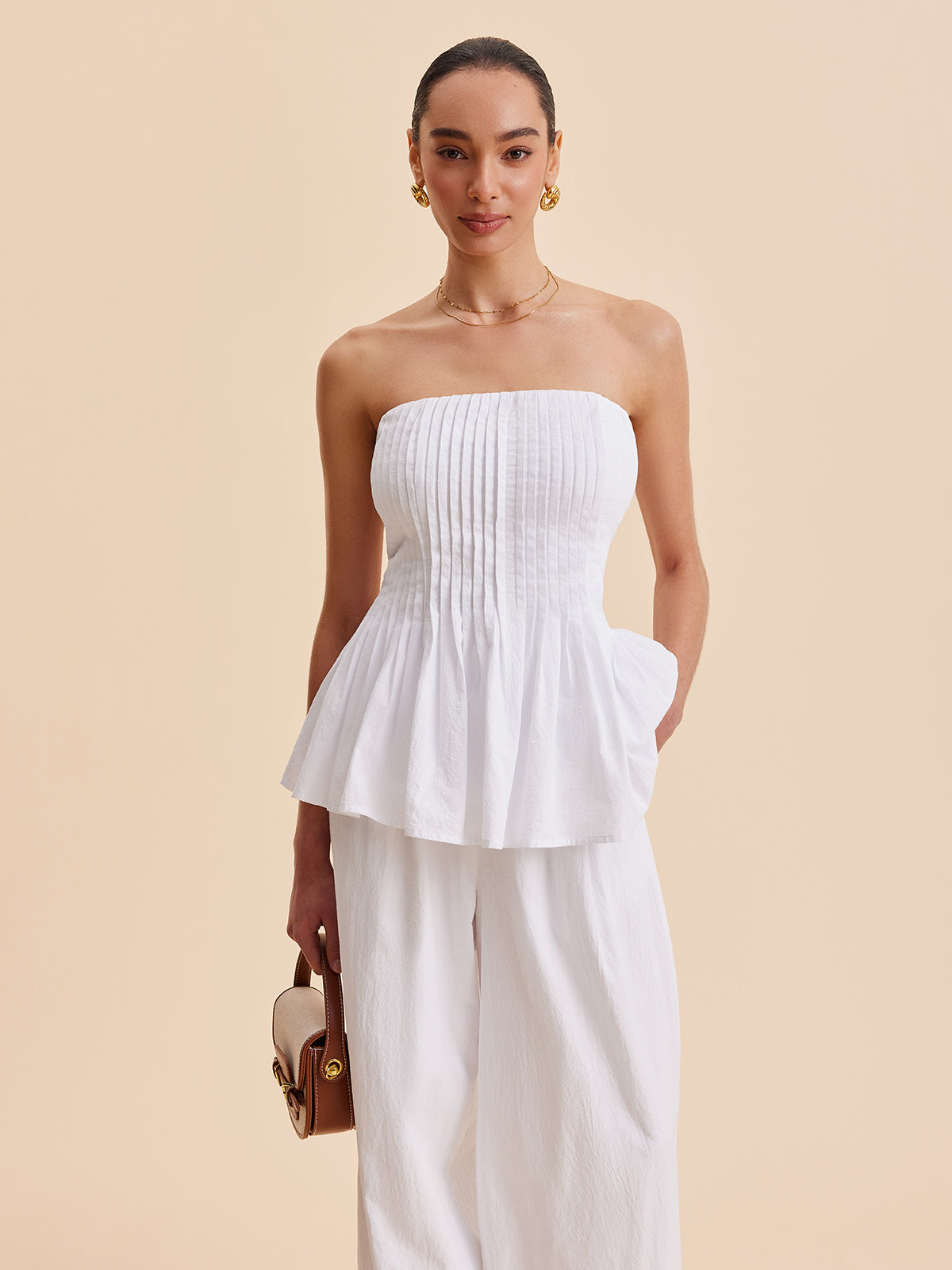 Fudus Baumwoll-Bustier-Top mit Peplum-Saum, knitterarm
