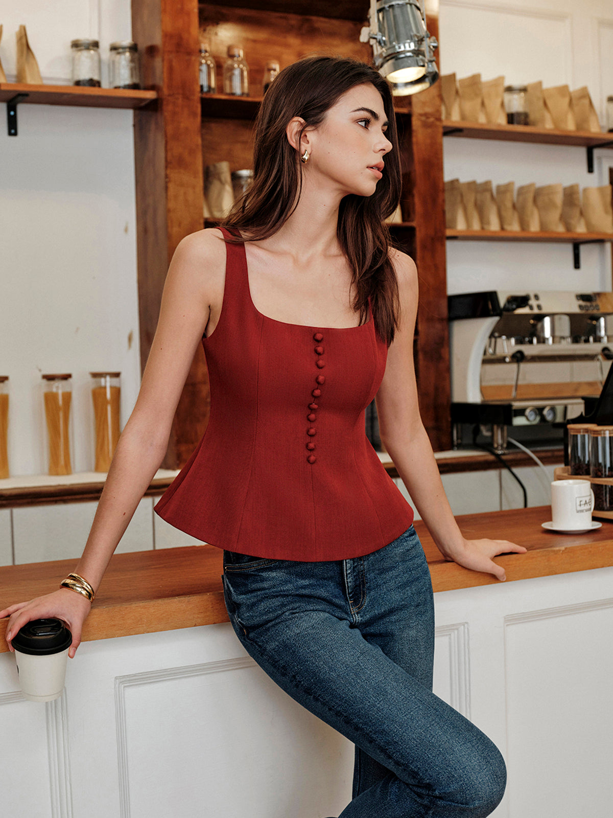 Fudus Square-Neck Zipper Tank Top