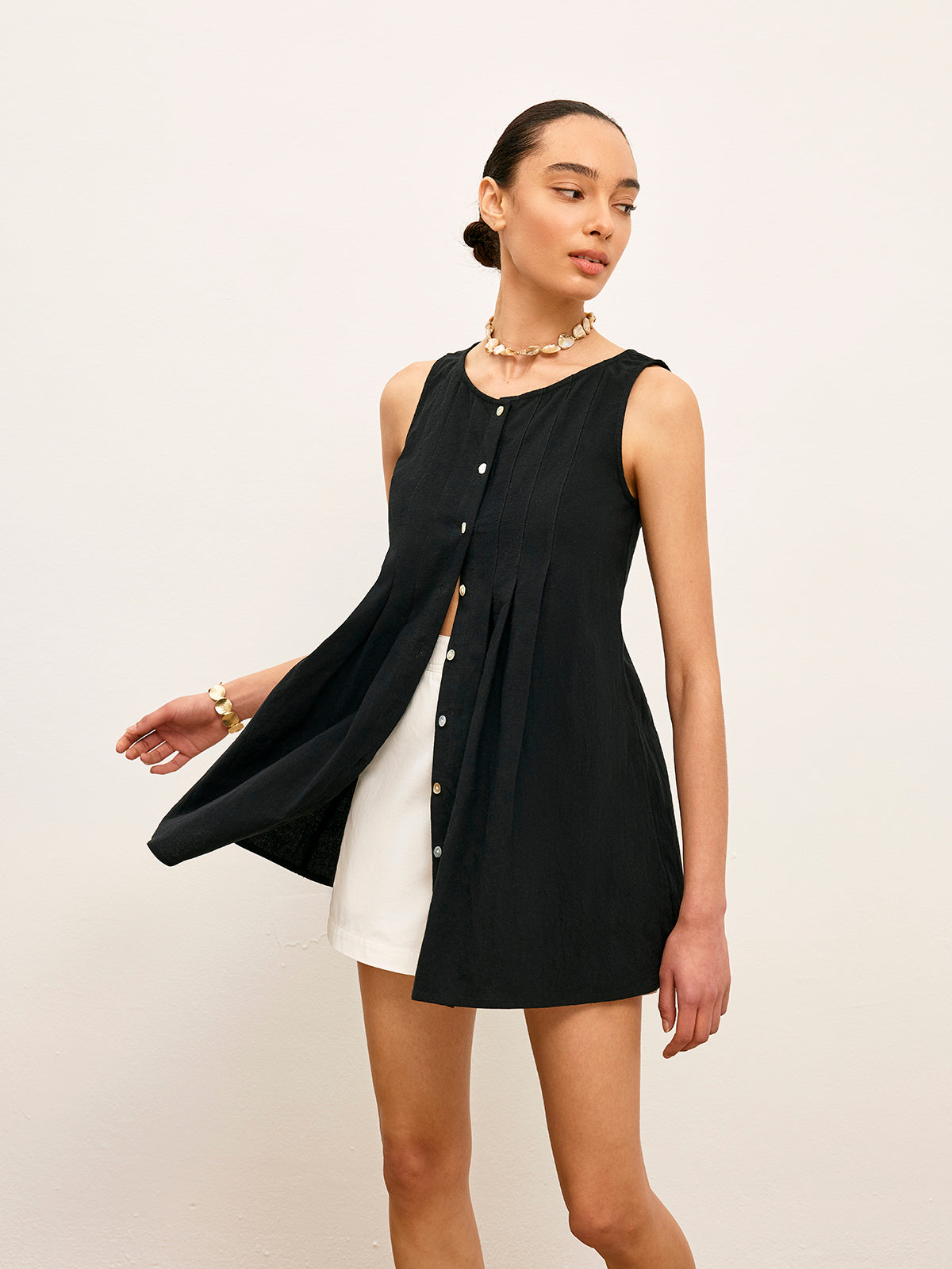 Fudus Baumwoll-Leinen Falten-Knopfoberteil