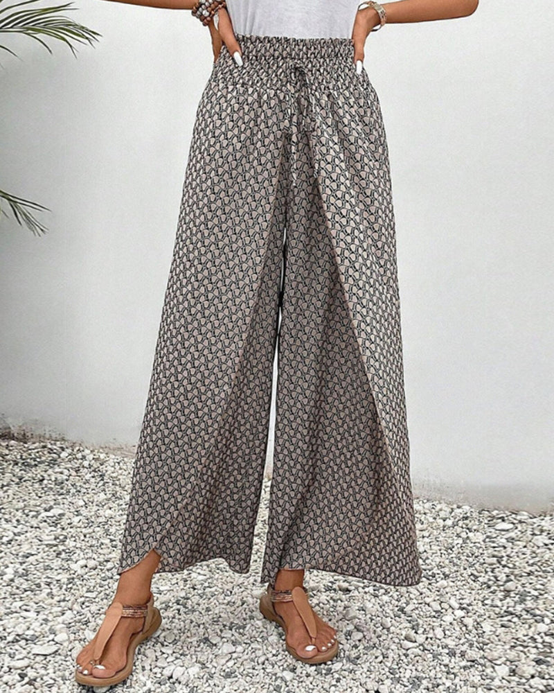 KROHN-E Damen Wide-Leg Hose geometrisches Muster entspannte Passform atmungsaktiv