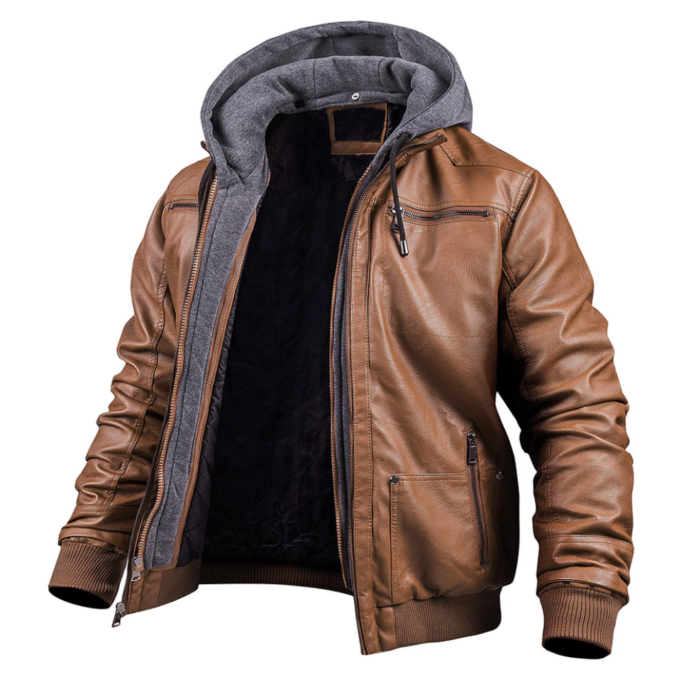 Herren Lederbomberjacke mit Kapuze