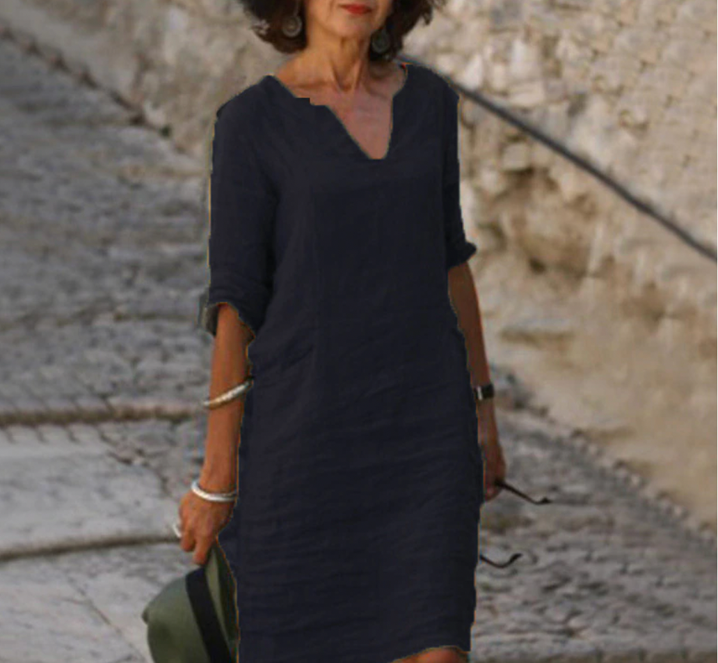 Damen-Leinen-Midikleid mit V-Ausschnitt