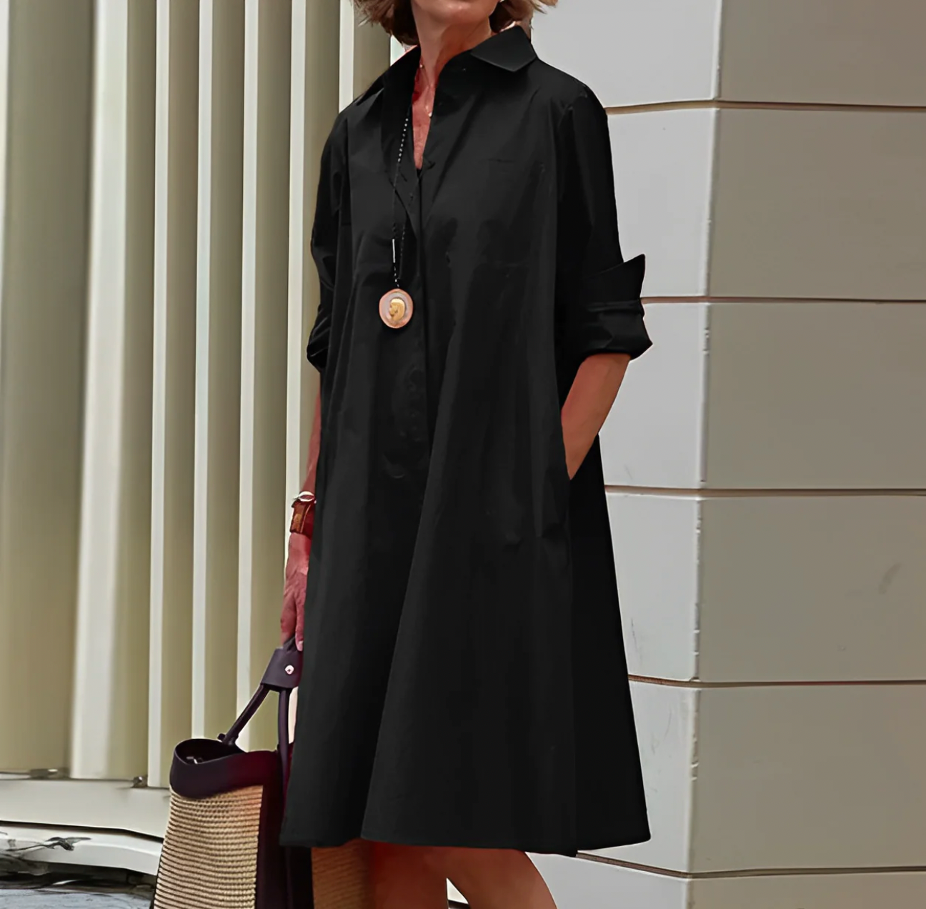Damen A-Linien-Hemdkleid mit langen Ärmeln im klassischen Stil