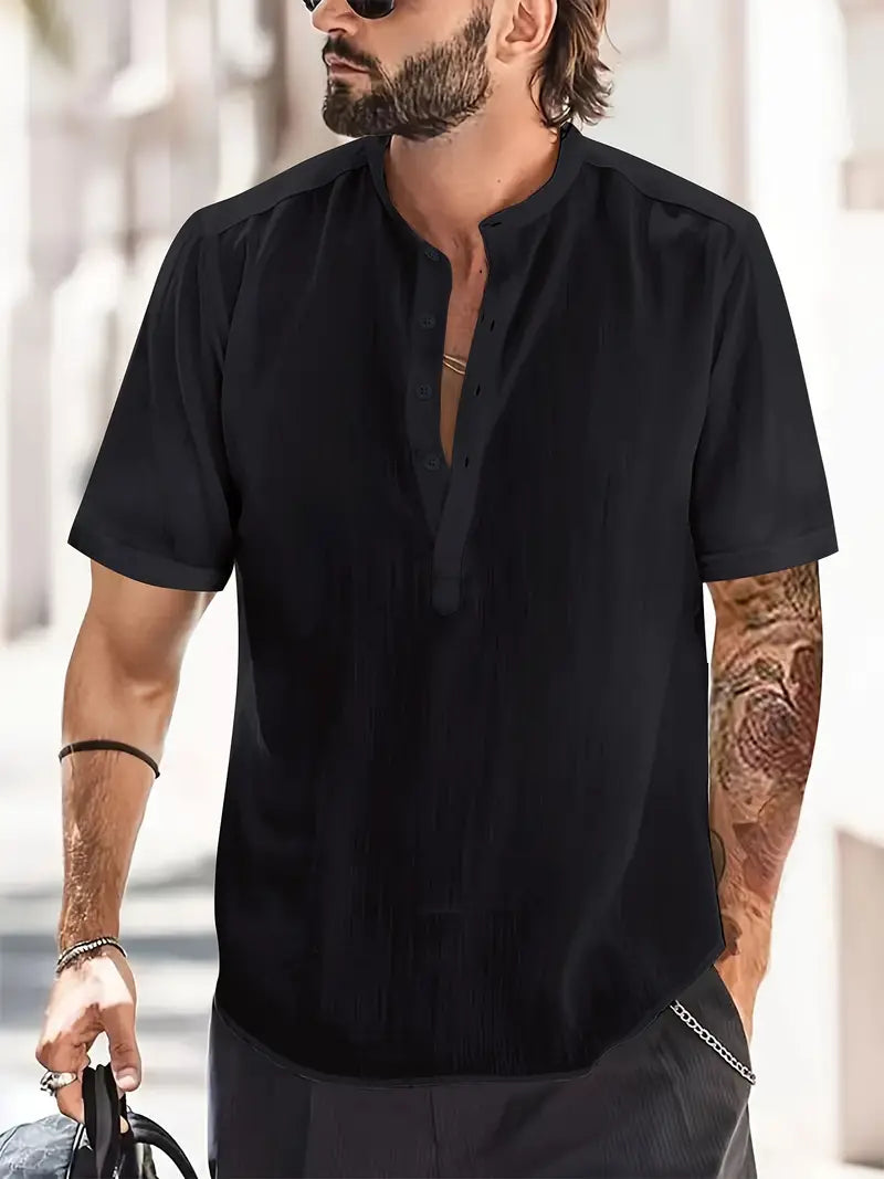 Fudus Henley Shirt mit Stehkragen und Knopfleiste