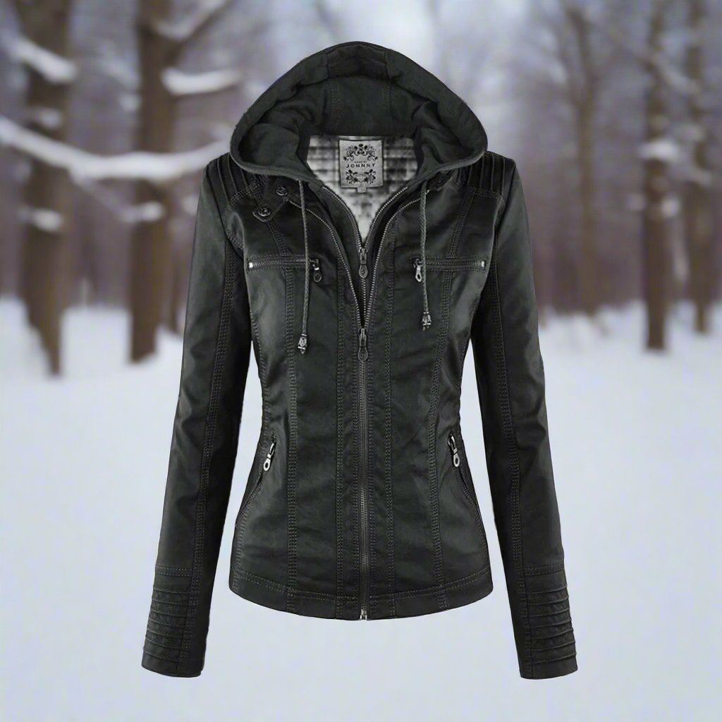 Krohn-e | Bikerjacke - Kunstleder - Slim Fit - Kapuze mit Kordelzug - Reißverschlusstaschen