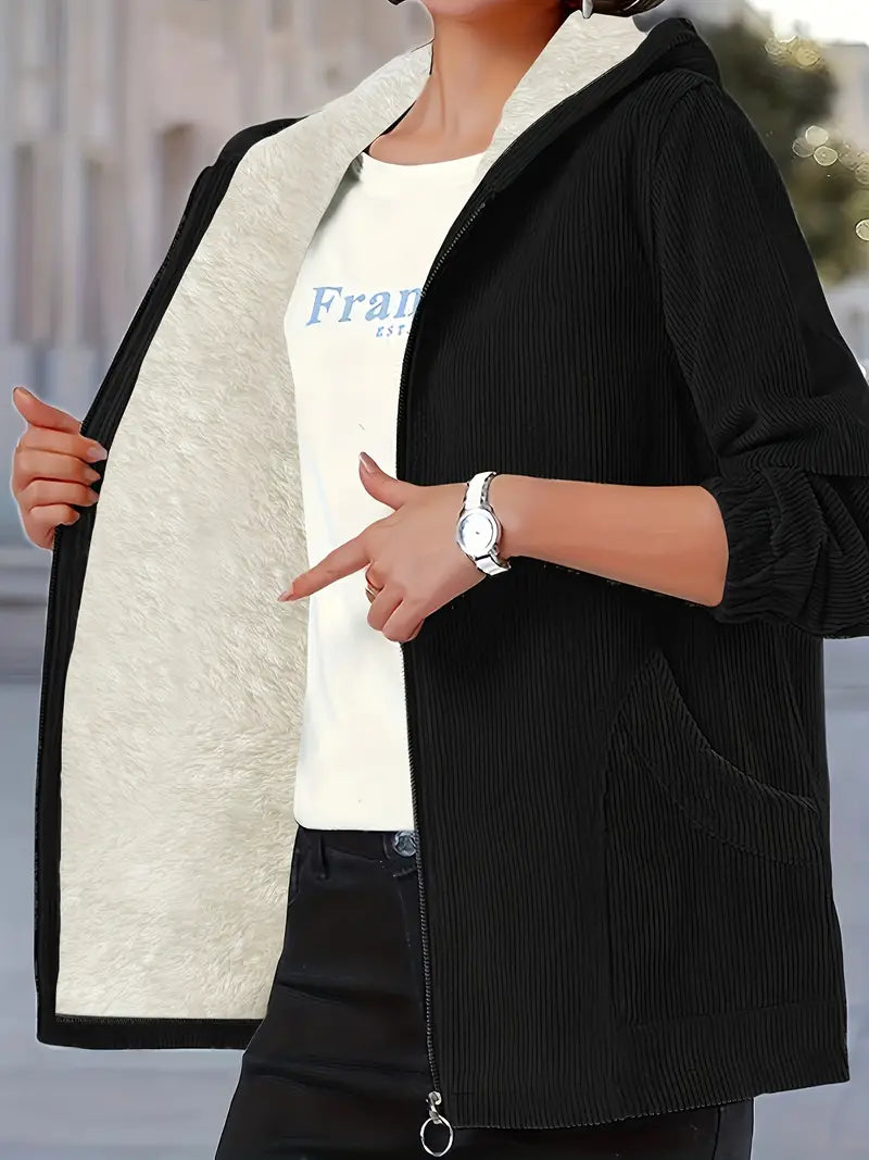 Oversized Solid Hooded Zip-Up Jacket, Casual Warm