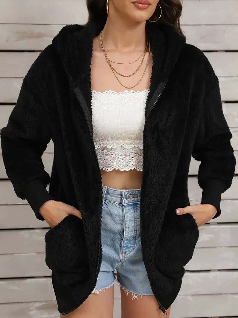 Gefütterter Mantel mit doppelter Kapuze von Clissira – aus dickem Plüsch, perfekt für Kälte