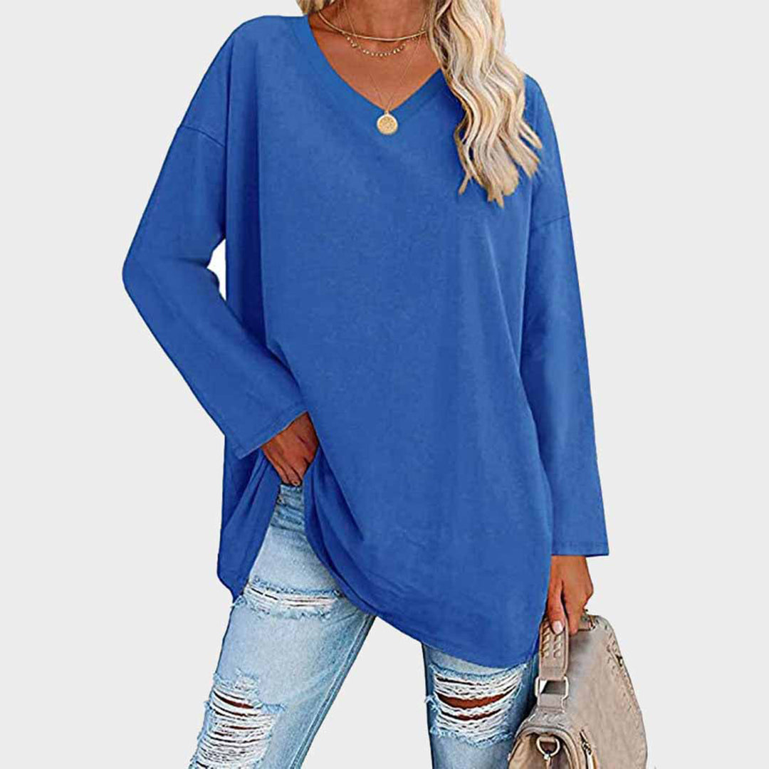 Loree | Damen Longshirt V-Ausschnitt Langarm Übergroß Oberteil