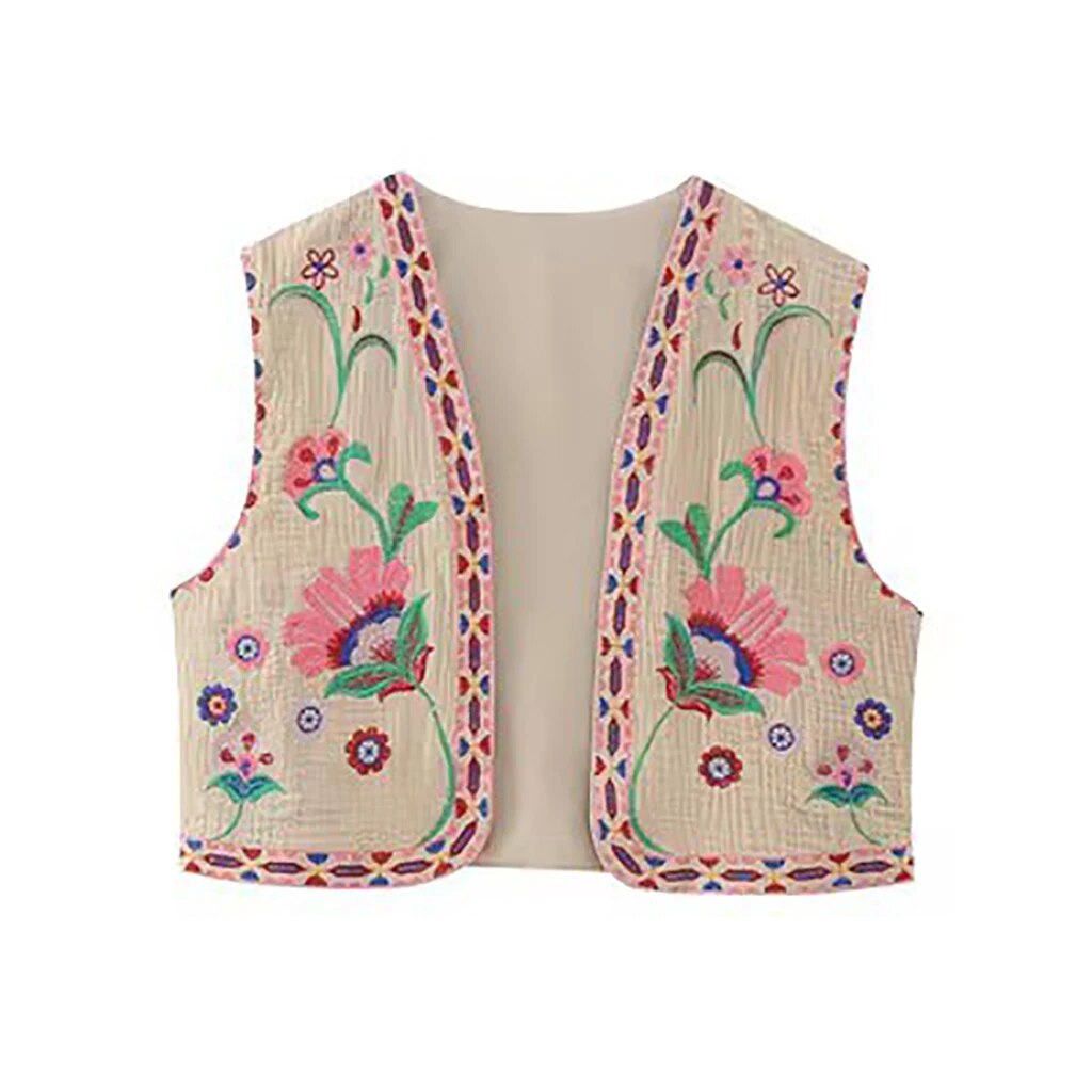 KROHN-E Damen Boho Weste Blumenstickerei Offener Schnitt