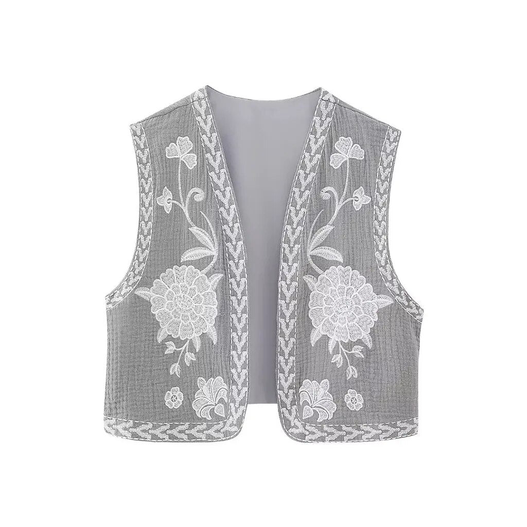 KROHN-E Damen Boho Weste Blumenstickerei Offener Schnitt