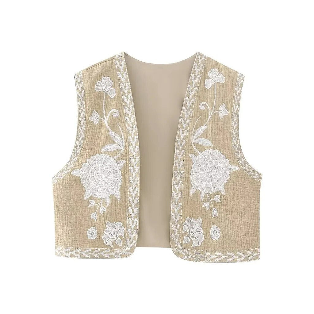 KROHN-E Damen Boho Weste Blumenstickerei Offener Schnitt