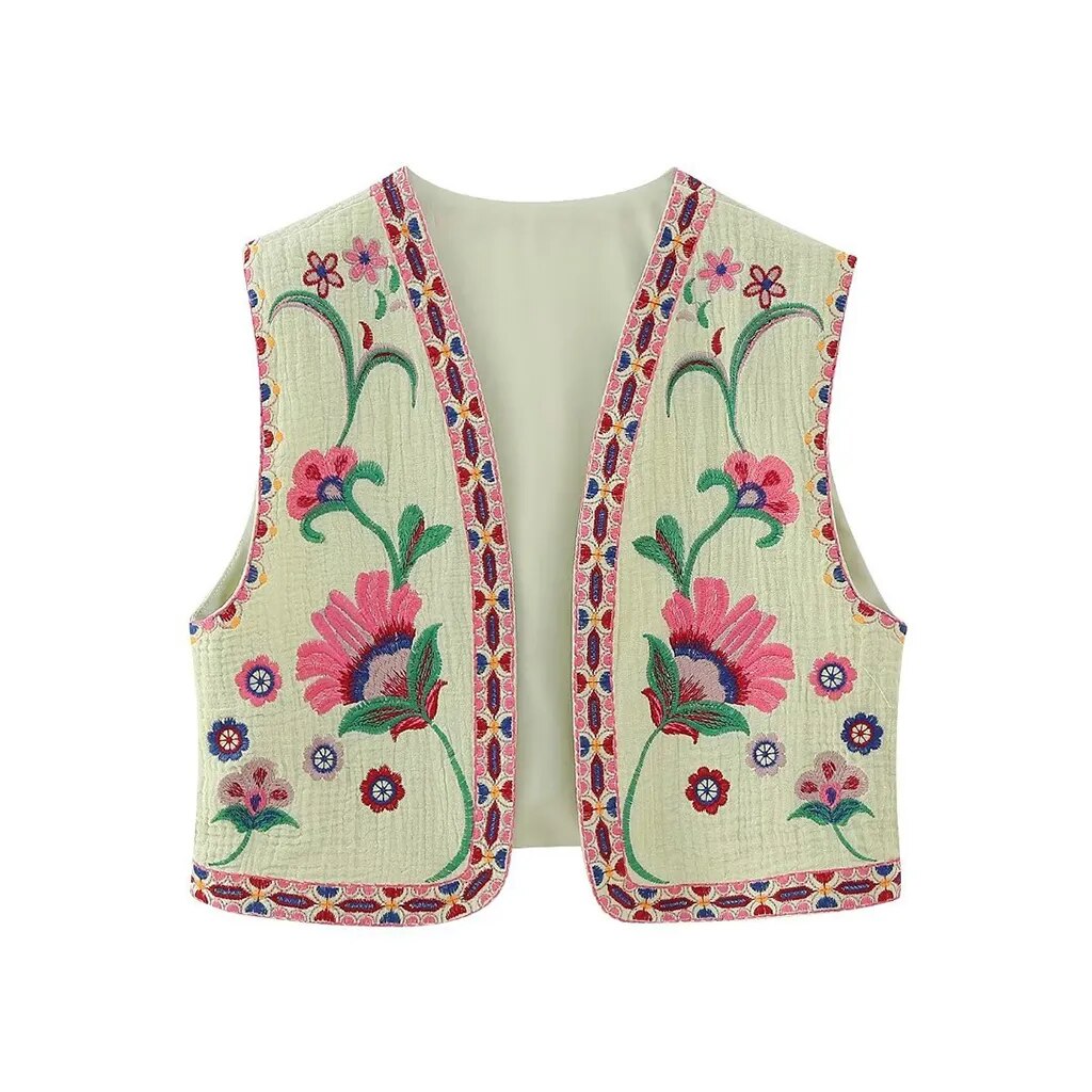 KROHN-E Damen Boho Weste Blumenstickerei Offener Schnitt