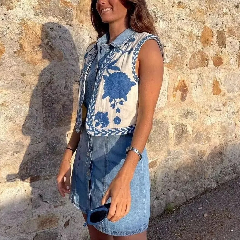 KROHN-E Damen Boho Weste Blumenstickerei Offener Schnitt