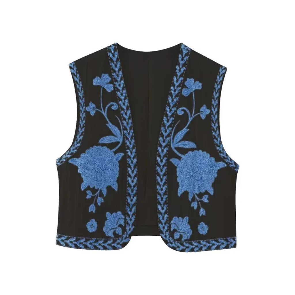 KROHN-E Damen Boho Weste Blumenstickerei Offener Schnitt