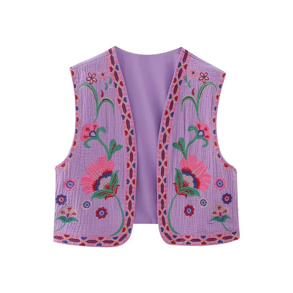 KROHN-E Damen Boho Weste Blumenstickerei Offener Schnitt