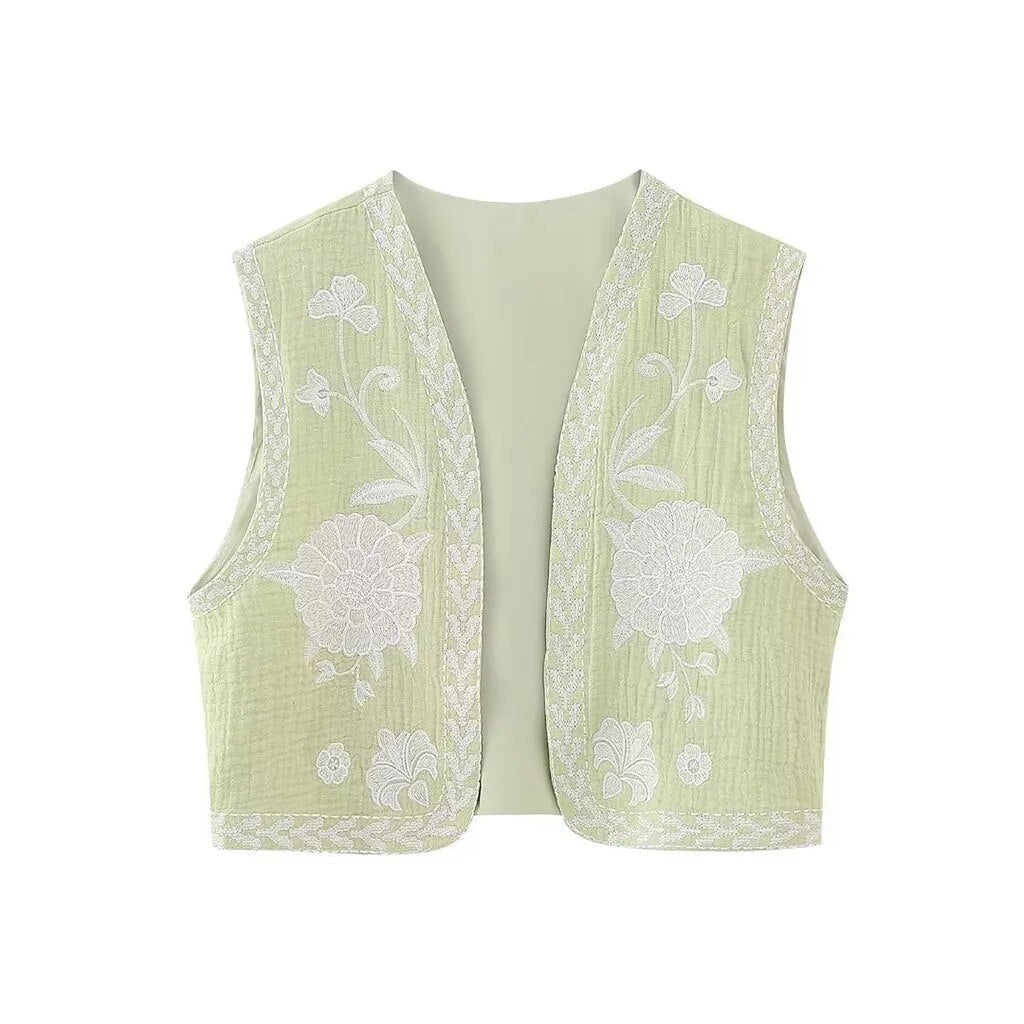 KROHN-E Damen Boho Weste Blumenstickerei Offener Schnitt
