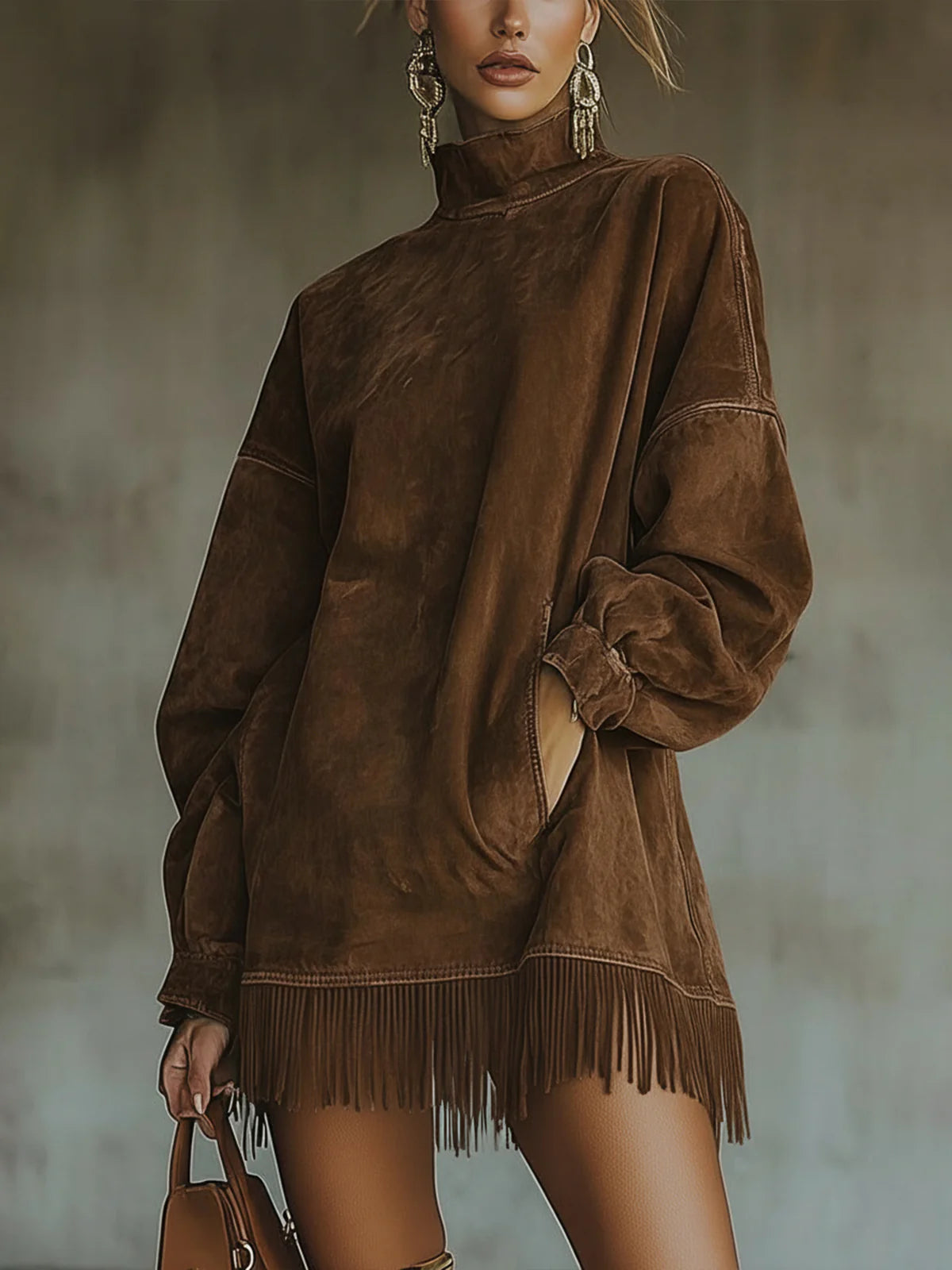 KROHN-E Damen Fransen-Kleid Relaxed Fit Kunstwildleder Braun