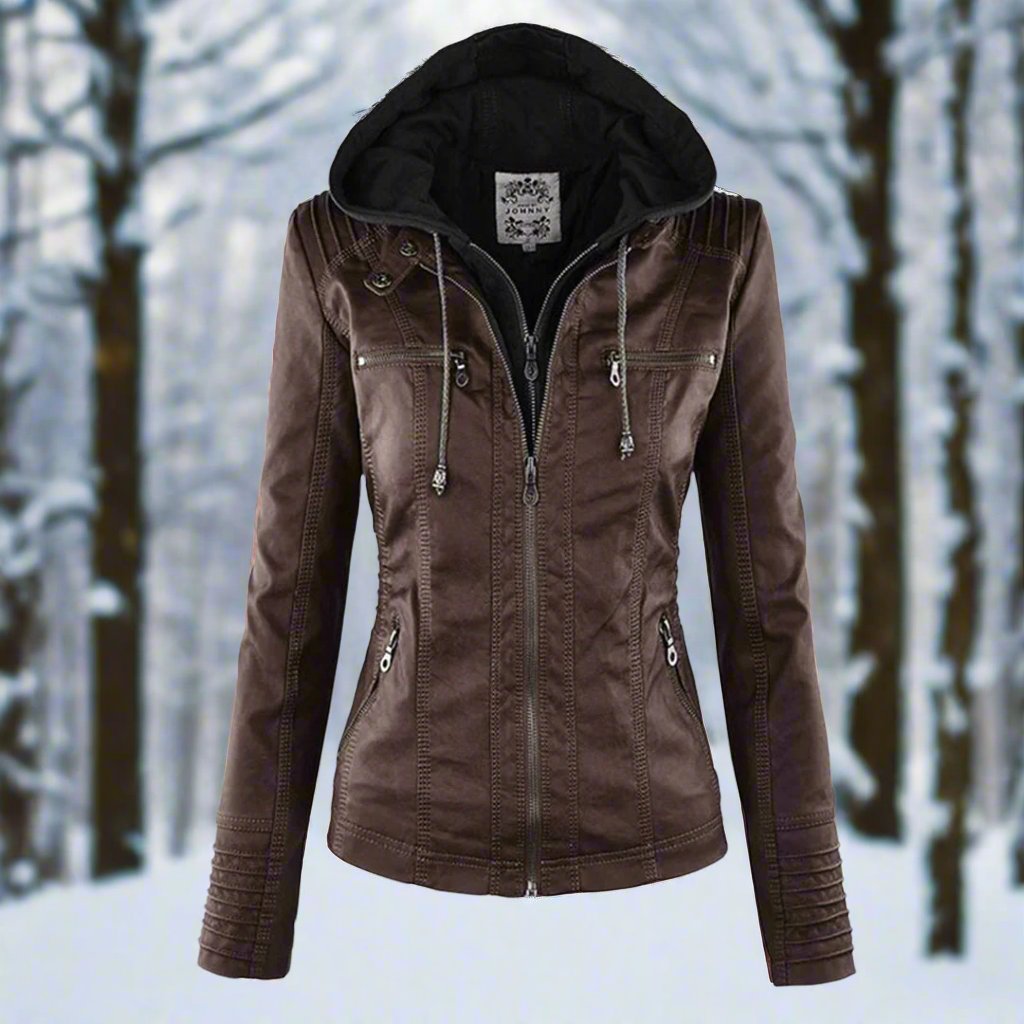 Krohn-e | Bikerjacke - Kunstleder - Slim Fit - Kapuze mit Kordelzug - Reißverschlusstaschen