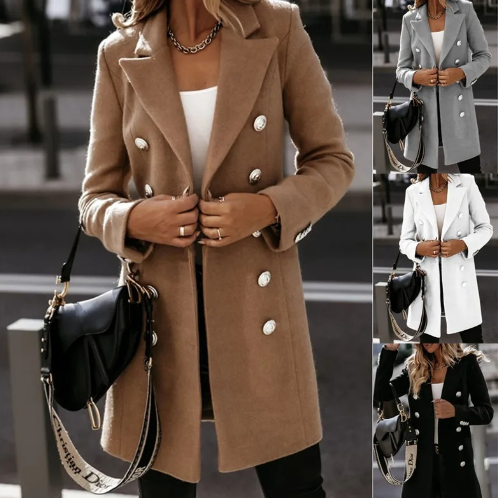 Krohn-e | Klassische Lange Wolljacke mit Zweireihiger Schließe Wollmischung Sophisticated und Bequem