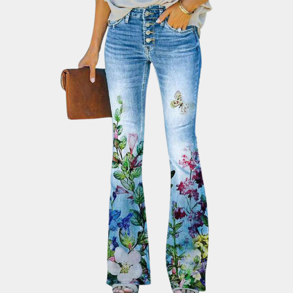 Rosmunda Damenjeans: Modische, ausgestellte Jeans mit trendigen Knöpfen