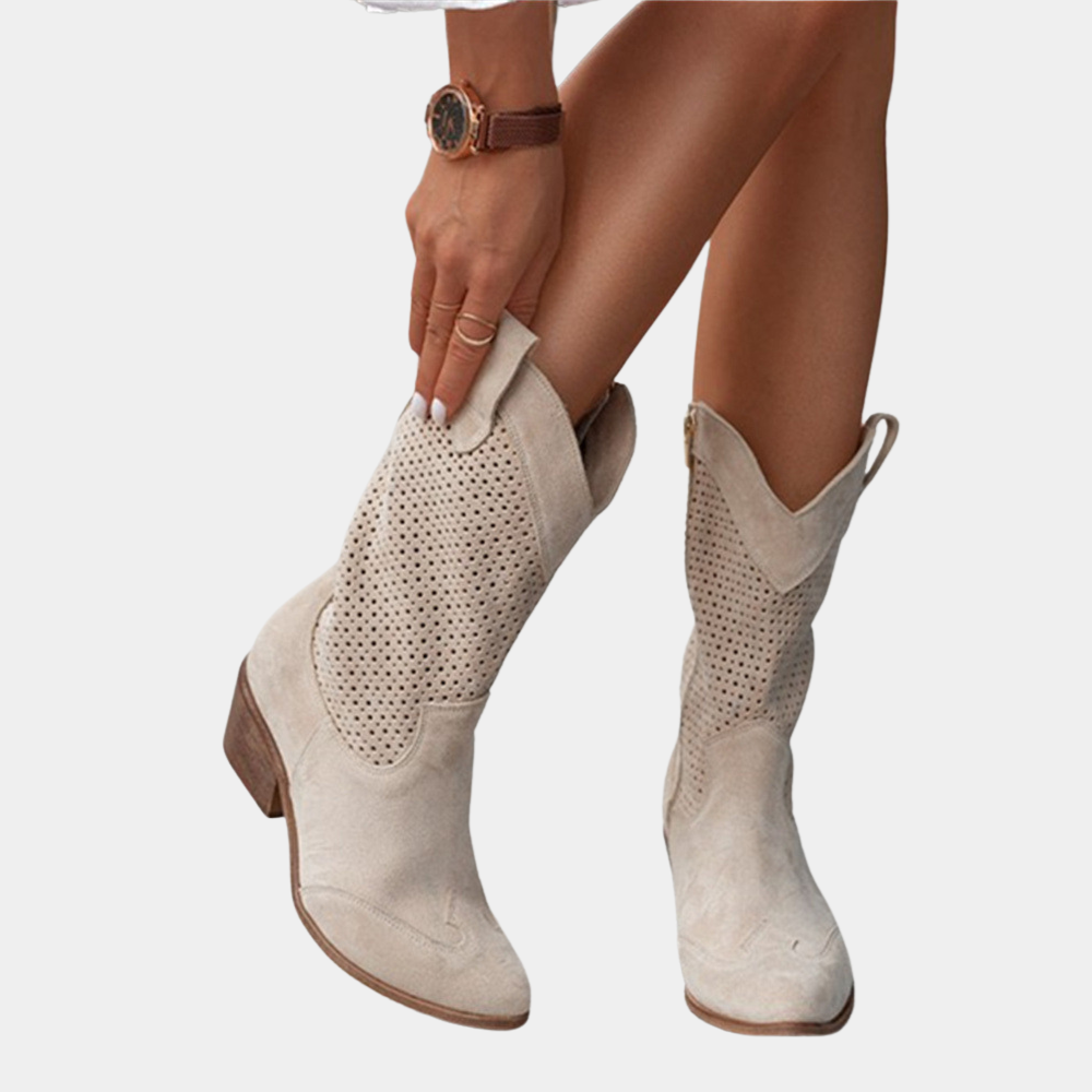 Krohn-e | Cowboy Stiefel - Leder-Obermaterial - Perforierter Schaft - Spitz Zulaufende Zehe - Blockabsatz