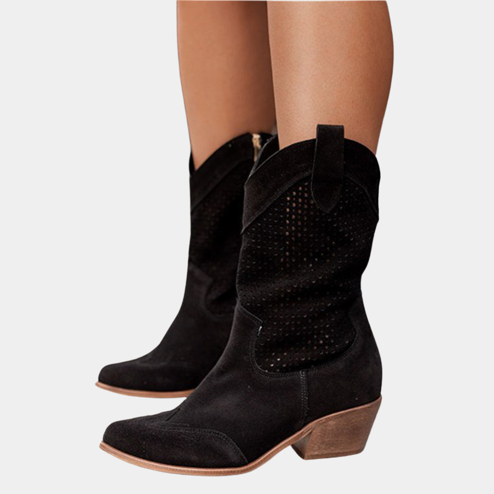 Krohn-e | Cowboy Stiefel - Leder-Obermaterial - Perforierter Schaft - Spitz Zulaufende Zehe - Blockabsatz