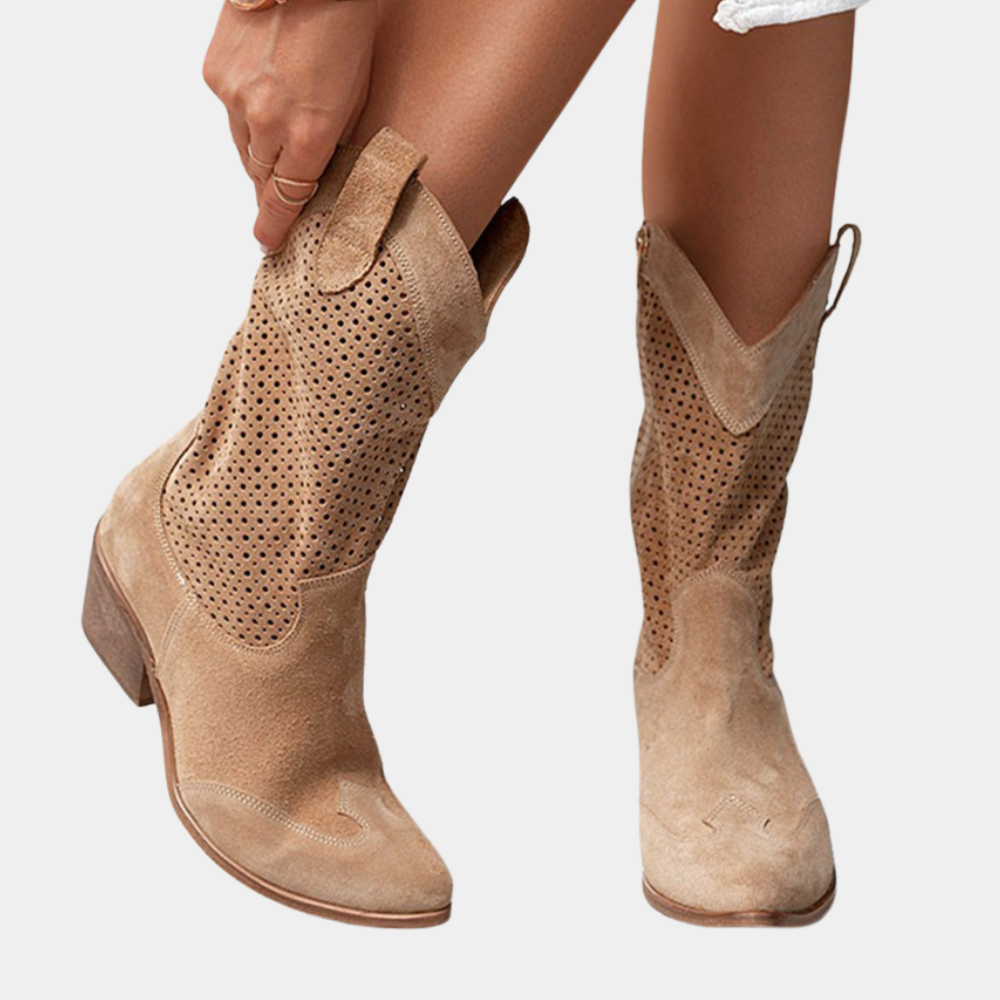 Krohn-e | Cowboy Stiefel - Leder-Obermaterial - Perforierter Schaft - Spitz Zulaufende Zehe - Blockabsatz