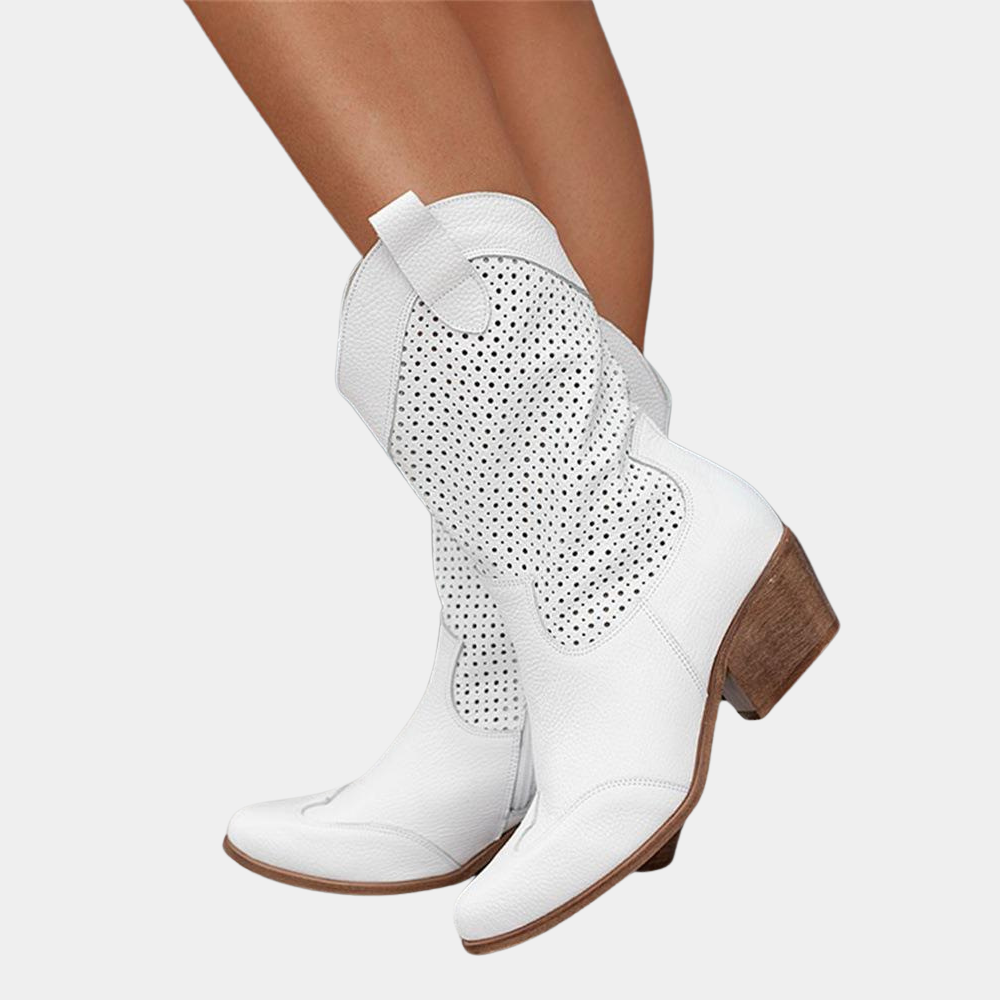 Krohn-e | Cowboy Stiefel - Leder-Obermaterial - Perforierter Schaft - Spitz Zulaufende Zehe - Blockabsatz