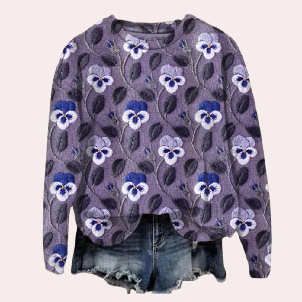 Damenpullover Cora: Elegante Bluse mit hübscher Blumen Stickerei