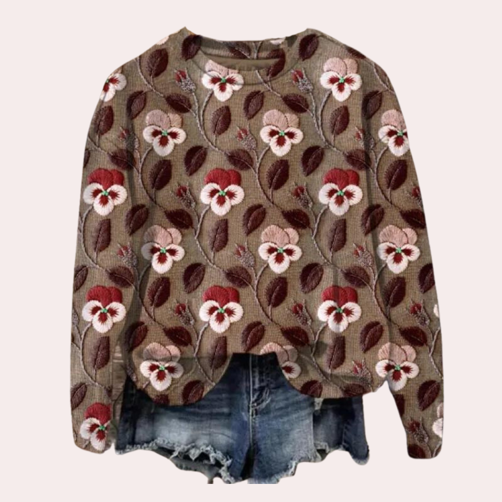 Damenpullover Cora: Elegante Bluse mit hübscher Blumen Stickerei