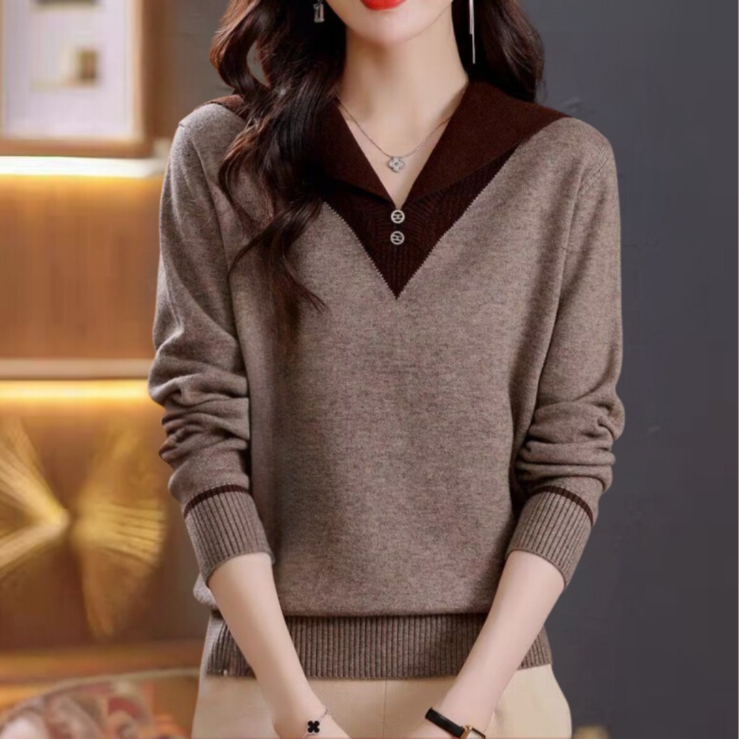 Elegantes Damen-Patchwork-Pullover mit V-Ausschnitt