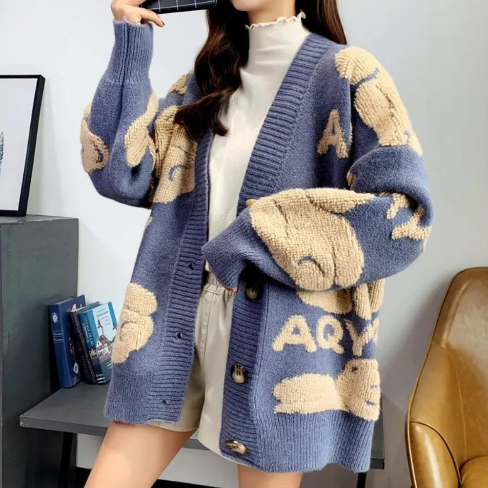 Elettra: Strickjacke für Damen, V-Ausschnitt, niedlicher Bärenaufdruck