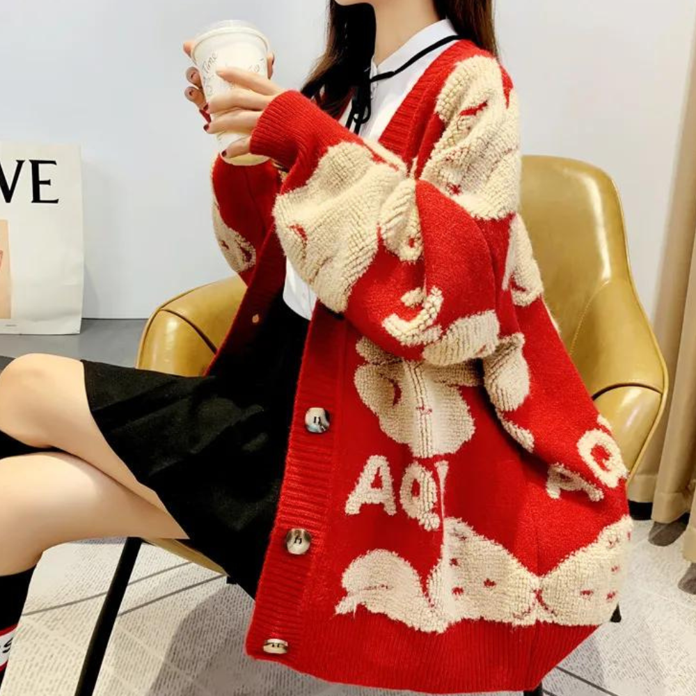 Elettra: Strickjacke für Damen, V-Ausschnitt, niedlicher Bärenaufdruck