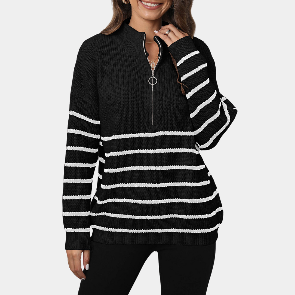 Damen-Pullover Nydia:  Lockerer gestreifter Strickpullover mit kurzem Reißverschluss