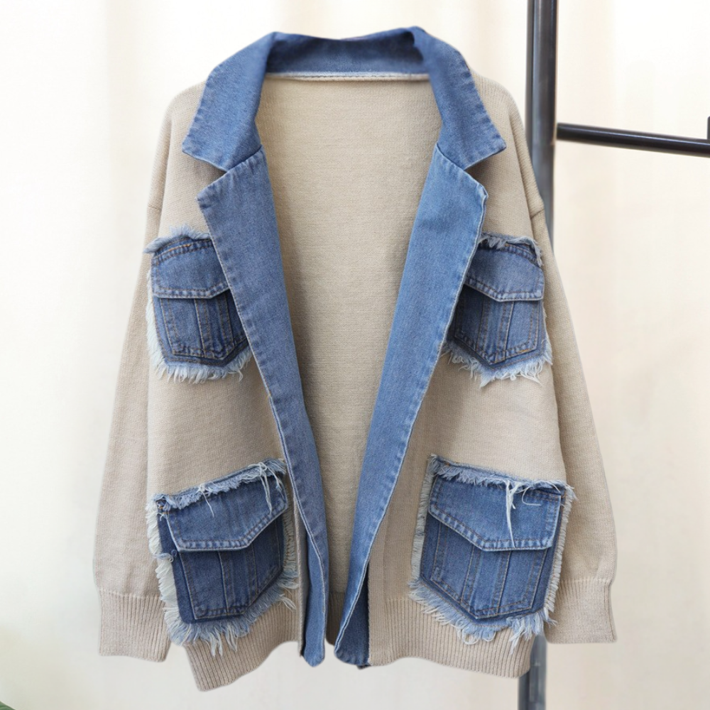 Elegante Damen-Strickjacke mit modernen Denim-Details
