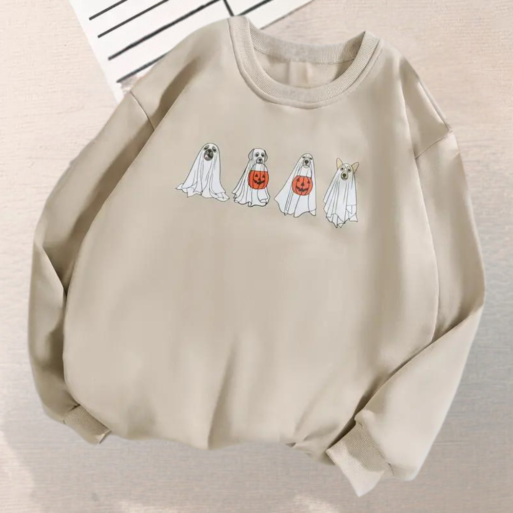 Halloween-Sweatshirt für Damen mit schaurigem Hundemotivin Kinga-Design