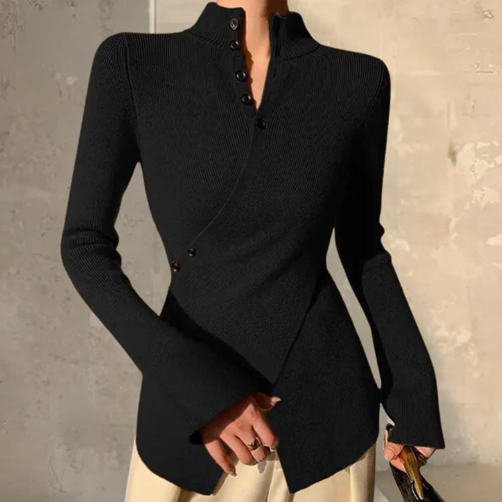 Luxus-Wollpullover Rudolfa für Damen mit hohem Kragen und Wickeloptik