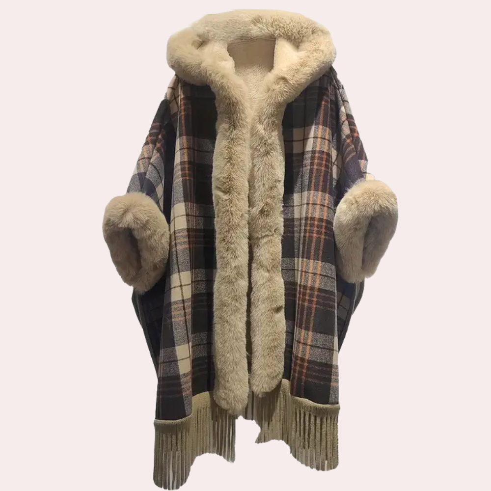 Krohn-e | Poncho-Jacke - Luxus-Damenumhang mit Kapuze und Fake-Fur-Besatz