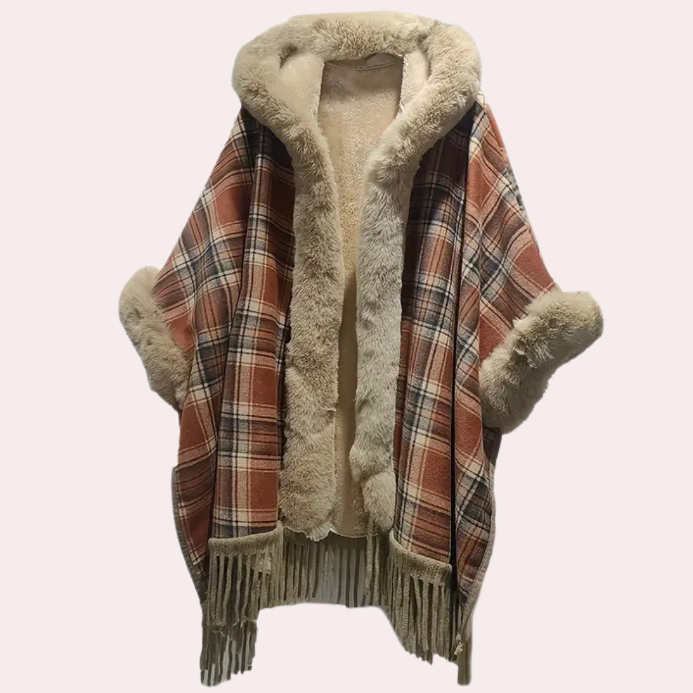 Krohn-e | Poncho-Jacke - Luxus-Damenumhang mit Kapuze und Fake-Fur-Besatz