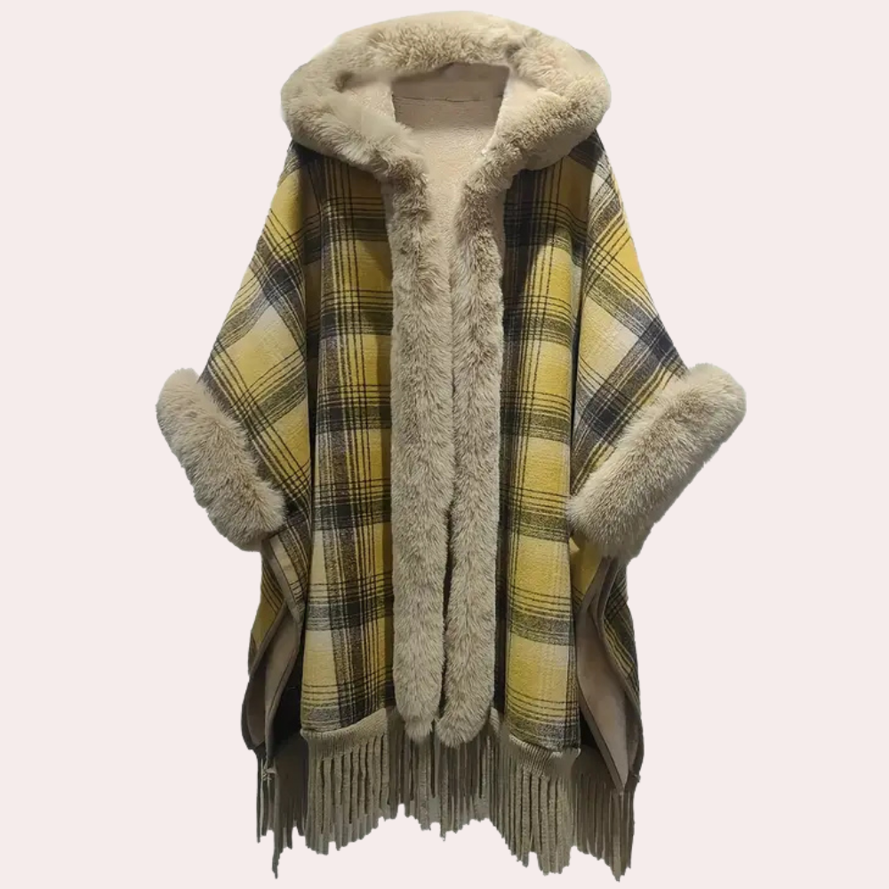 Krohn-e | Poncho-Jacke - Luxus-Damenumhang mit Kapuze und Fake-Fur-Besatz