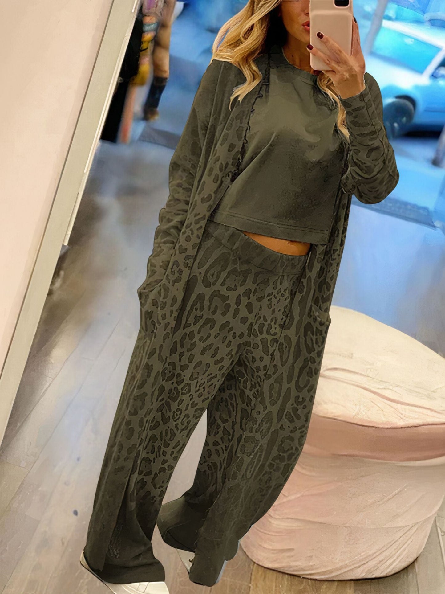 Leopardenmuster Strickjacke und Hose Set - Cande