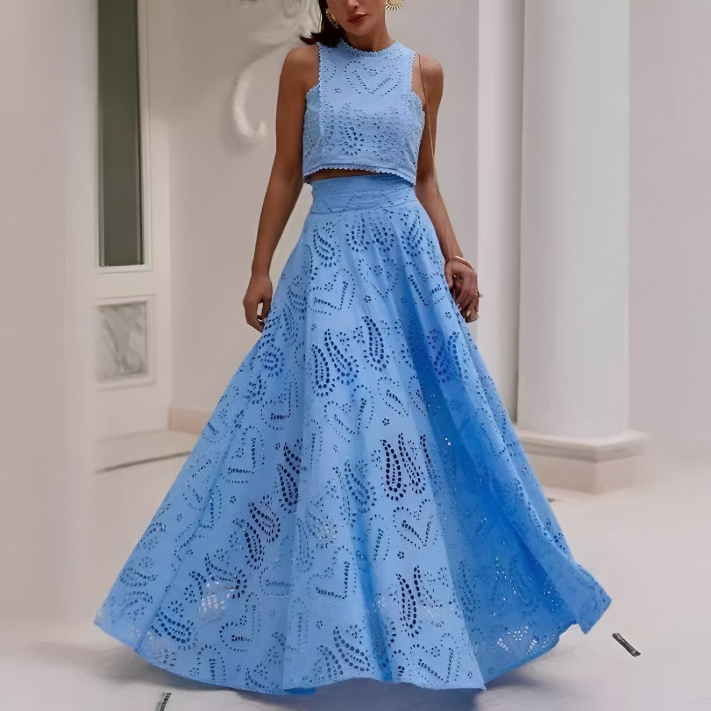 Fudus Baumwoll-Leinen-Crop-Top mit langen Pagodenärmeln, 2-teiliges Set