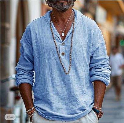 Herren-Leinenhemd mit langen Ärmeln im Popover-Stil
