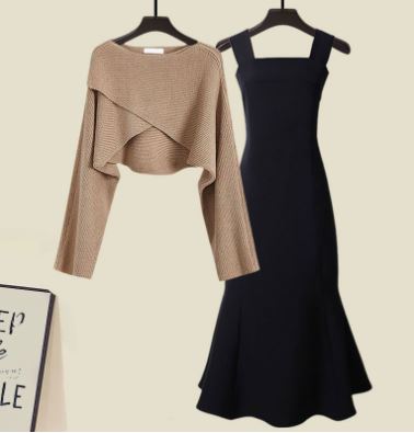 Krohn-e | Zweiteiliges Satz Aus Hochwertigem Kreuzstrickpullover und Fishtail Kleid