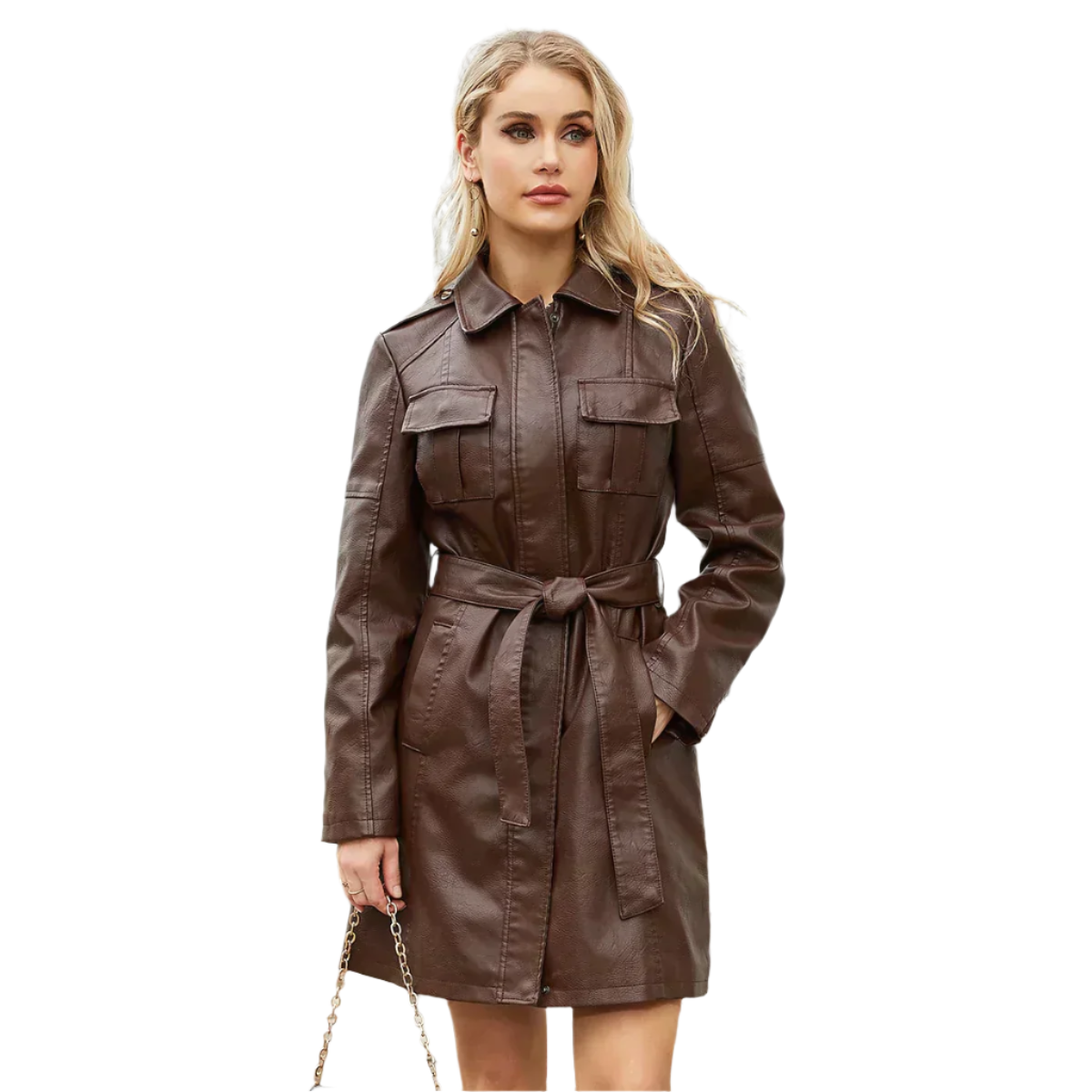 Krohn-e | Lange Damenjacke aus Kunstleder mit Gürtel