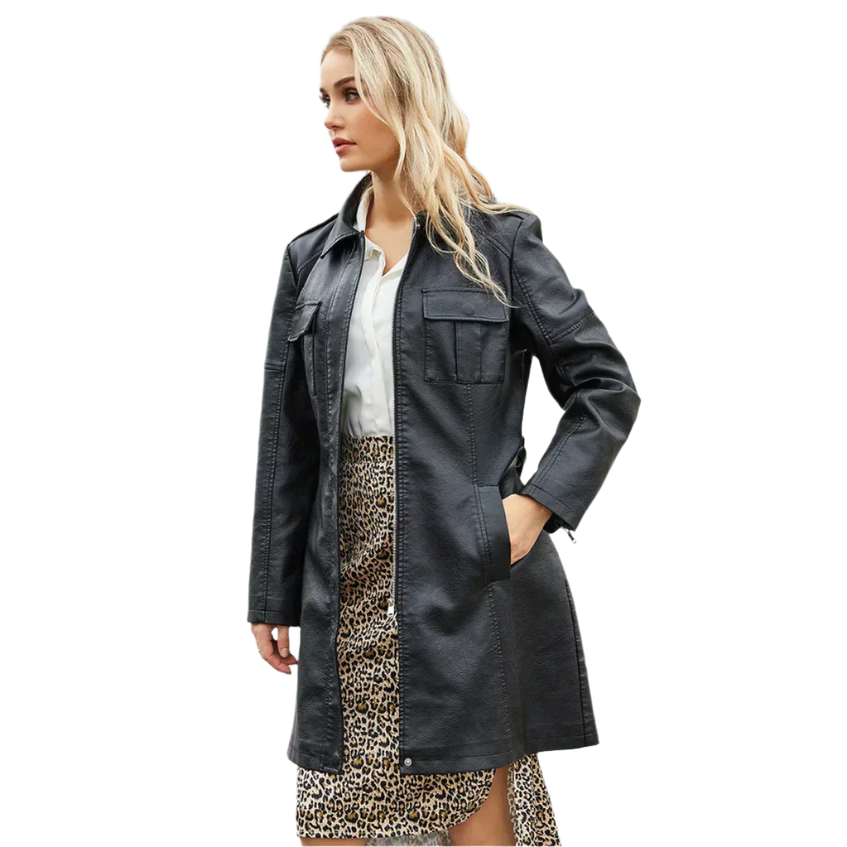 Krohn-e | Lange Damenjacke aus Kunstleder mit Gürtel