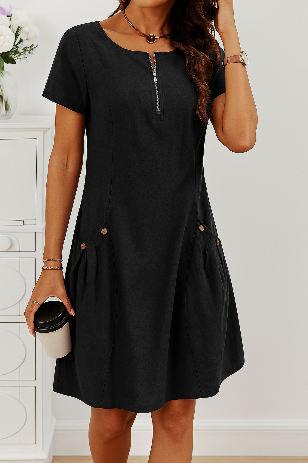 KROHN-E Damen Sommerkleid mit Knopfleiste A-Linie und Taschen