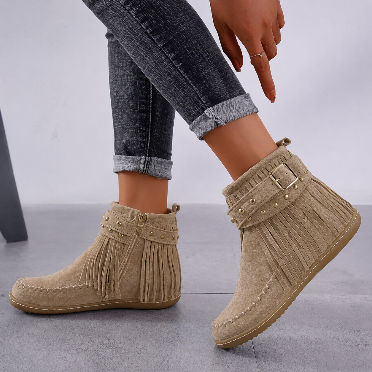 Dorothea | Damen Fransen Stiefeletten mit Schnallen