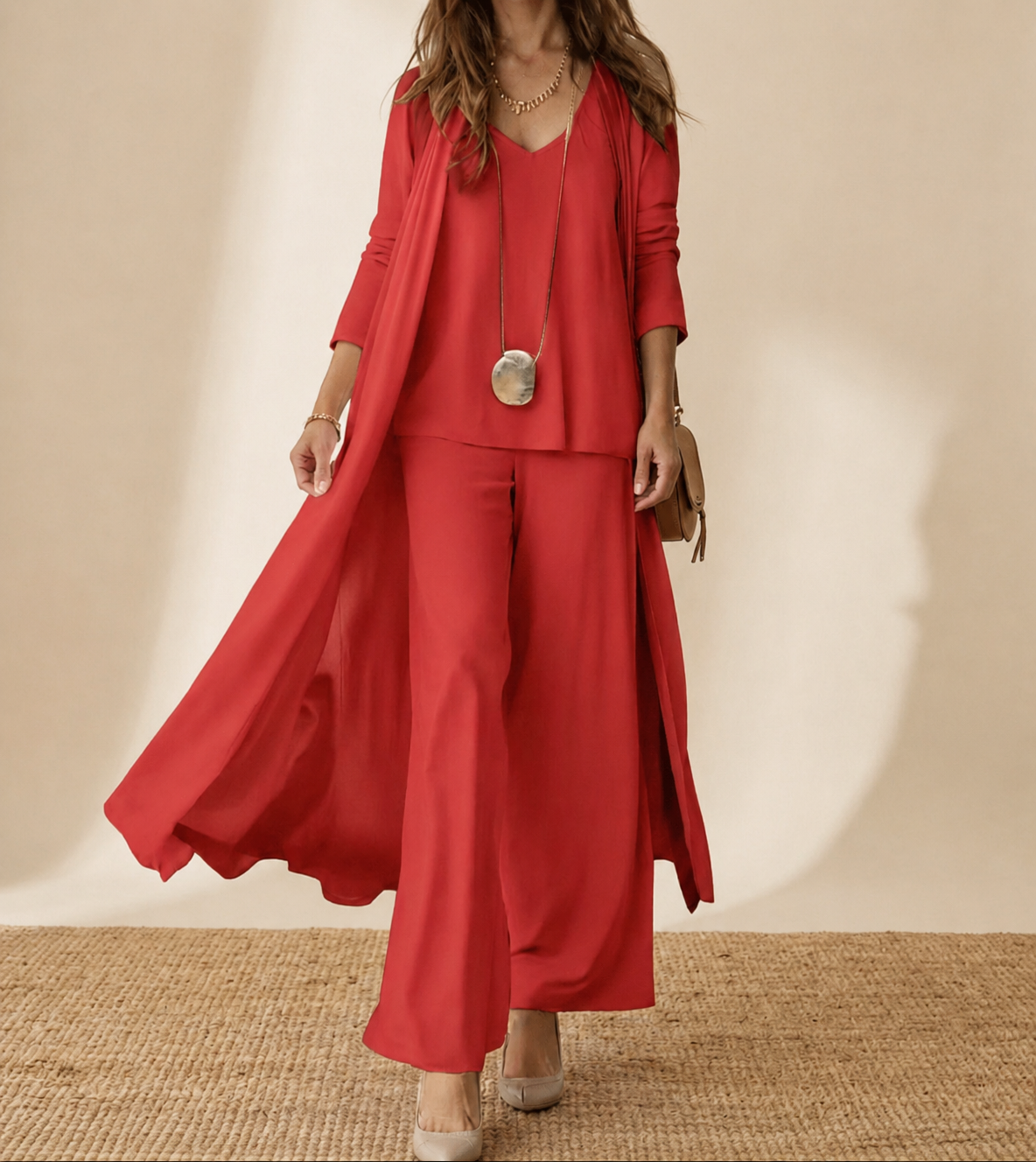 Aria | Damen 3-teiliges Set Langer Cardigan Weite Hose Elegant