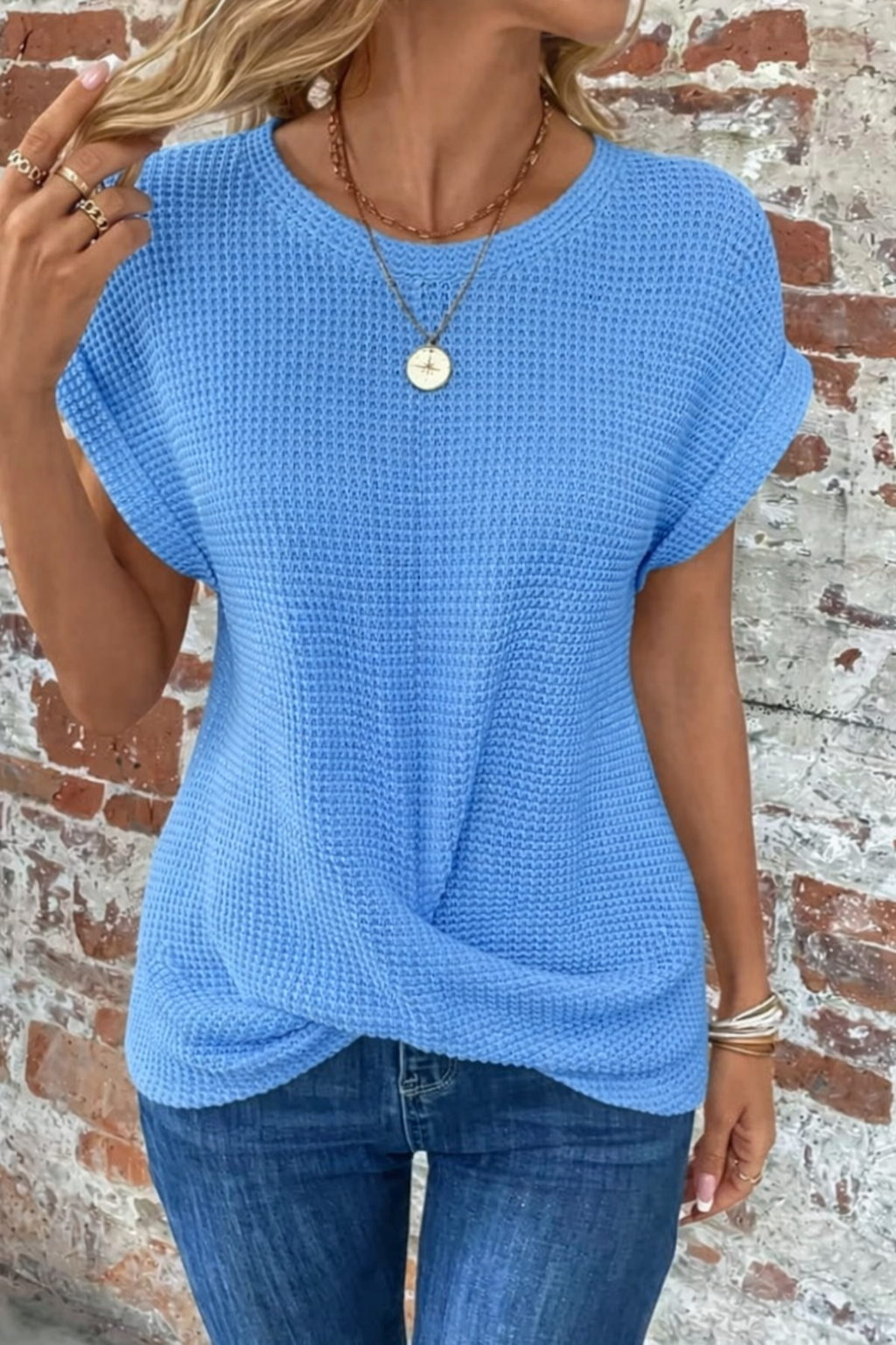 KROHN-E Damen Casual T-Shirt Waffelstrick Kurze Ärmel Twist-Design